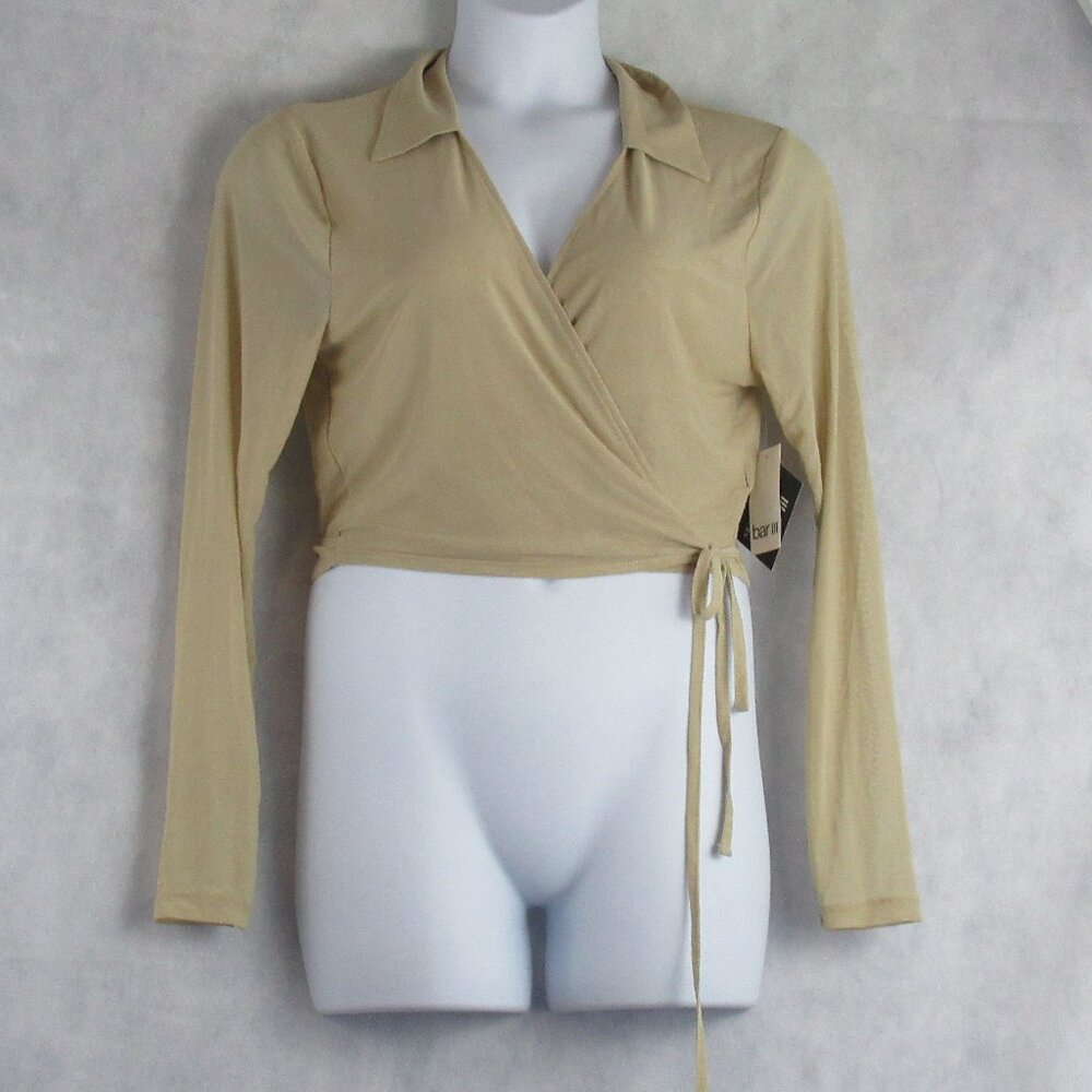 Bar III Women's Nicole Williams Long Sleeves Wrap Crop Top, Khaki Beige, XL